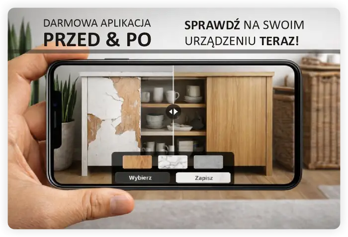 Aplikacja PRZED i PO. Darmowa wizualizacja folii imitującej na meblach